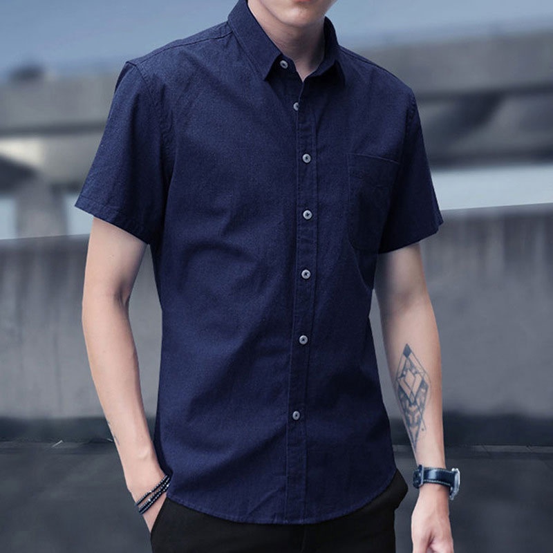 เสื้อเชิ้ตแขนสั้นลําลอง-คอปก-เข้ารูป-ระบายอากาศได้ดี-สีพื้น-แฟชั่นฤดูร้อน-สไตล์เกาหลี-สําหรับผู้ชาย