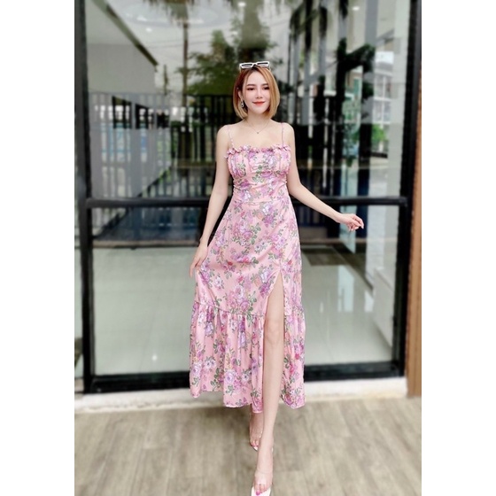 เดรส-สายเดี่ยว-ปรับสายได้-ตรงอกจับเกล็ดเล็ก-สวยหวาน
