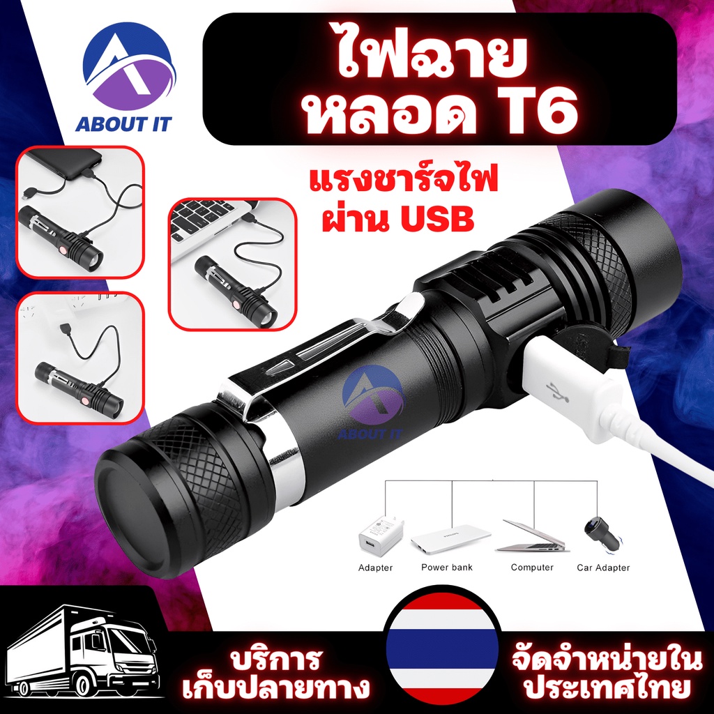 ไฟฉาย-หลอด-t6-แบต-4200mah-ชาร์จไฟผ่าน-usb-ปรับโหมดได้-3-แบบ-ไฟฉายแรงสูงled-พกพาเดินป่า-ไฟฉายพกพา