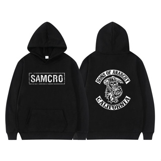 เสื้อกันหนาว มีฮู้ด พิมพ์ลาย Sons of Anarchy SAMCRO สองด้าน สไตล์ฮาราจูกุ สําหรับผู้ชาย J4TI