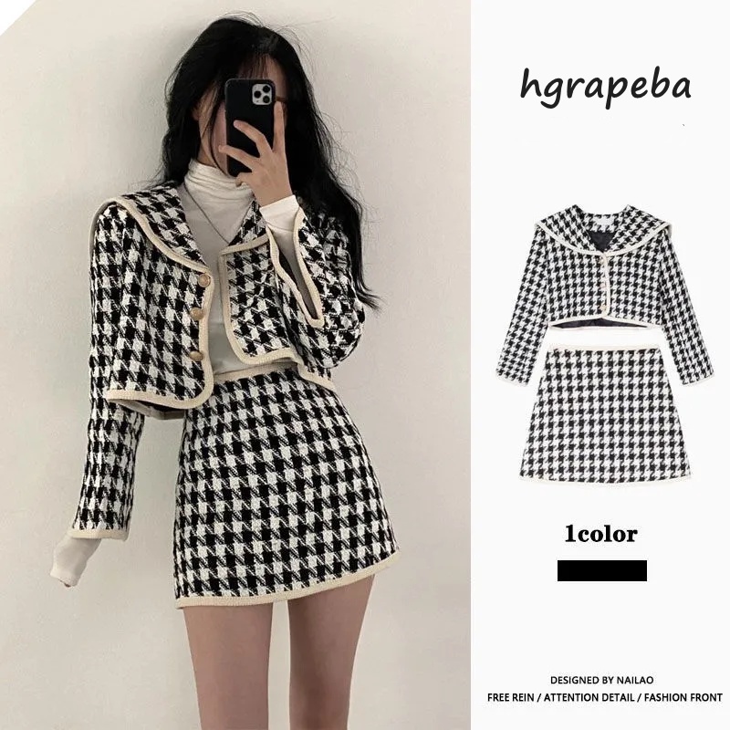 new-ชุดเช็ต-2-ชิ้น-เสื้อสูท-กระโปรงสั้น-houndstooth-ชุดเซ็ตสไตล์สาวเกาหลี