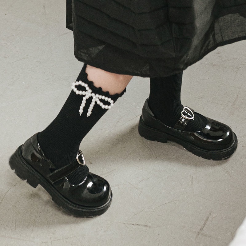 ถุงเท้ายาว-ผ้าฝ้าย-ประดับโบว์-ไข่มุก-สไตล์ญี่ปุ่น-สําหรับเด็กผู้หญิง-มีสีดํา-สีขาว