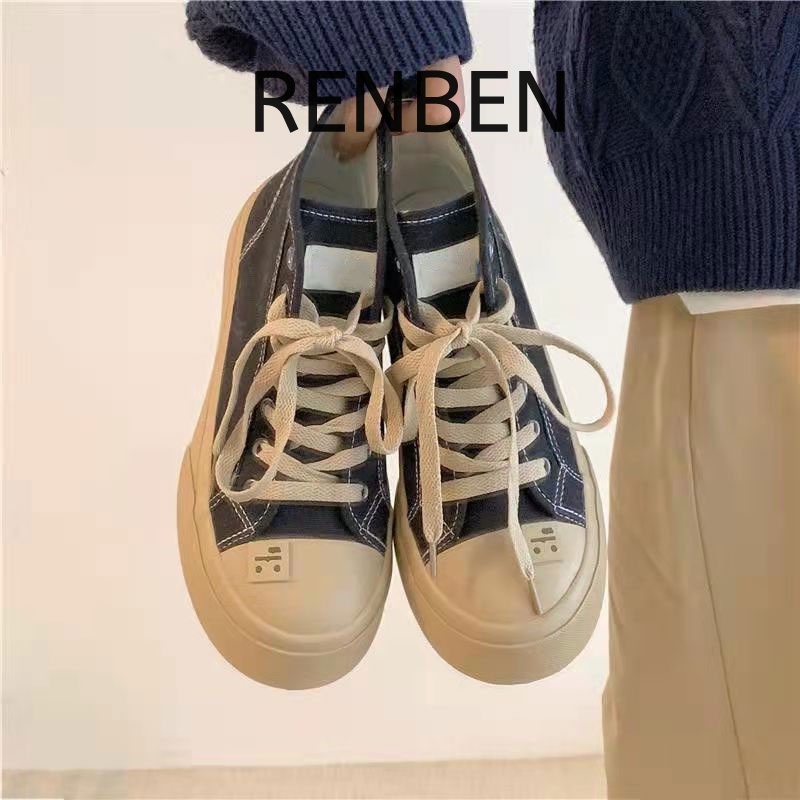 renben-สูงด้านบนรองเท้าผ้าใบหญิงซอกออกแบบป่าหนารองเท้าด้านล่าง-ins-รุ่นเกาหลีอินเทรนด์ของถนนยิงรองเท้าสีขาวขนาดเล็ก