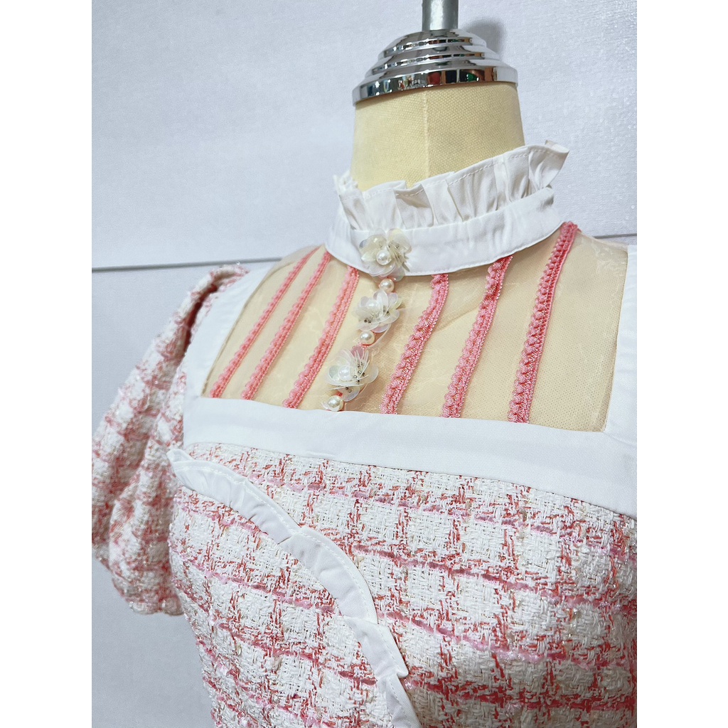 เดรสสั้น-สีชมพู-ผ้าทวิส-คอปีน-maria-diamond-size-m