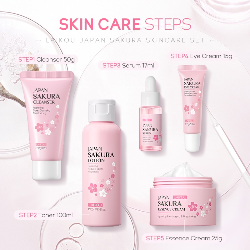 ภาพสินค้าLAIKOU Japan Sakura Skin Care Set Brighten Skin Tone Nourishing Moisturizing Skincare 5pcs/Set จากร้าน laikou.thailand บน Shopee ภาพที่ 2