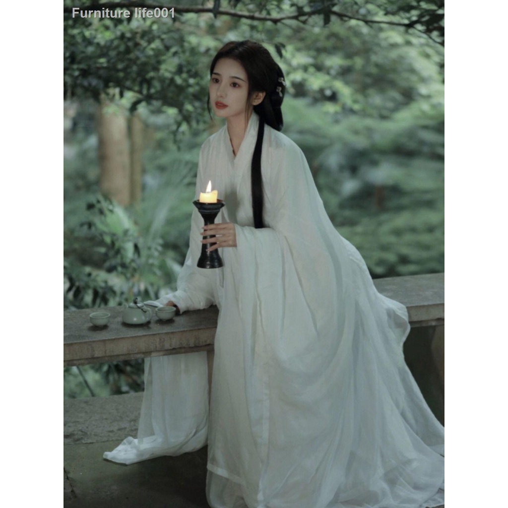 เตรียมการจัดส่ง-เทพธิดาสาว-hanfu-ดั้งเดิมสไตล์-wei-jin-เครื่องแต่งกายโบราณนางฟ้าอากาศหรูหราสไตล์โบราณสีขาวเย็นแขนนางฟ้