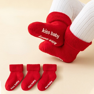 ถุงเท้า กันลื่น แบบหนา สีแดง แฟชั่นฤดูหนาว สําหรับเด็ก อายุ 0-2 ปี