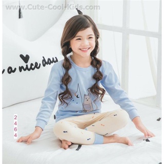 L-PJB-2464-GM ชุดนอนเด็กแนวเกาหลี สีฟ้า ลายหมี 🚒 พร้อมส่ง ด่วนๆ จาก กทม 🚒