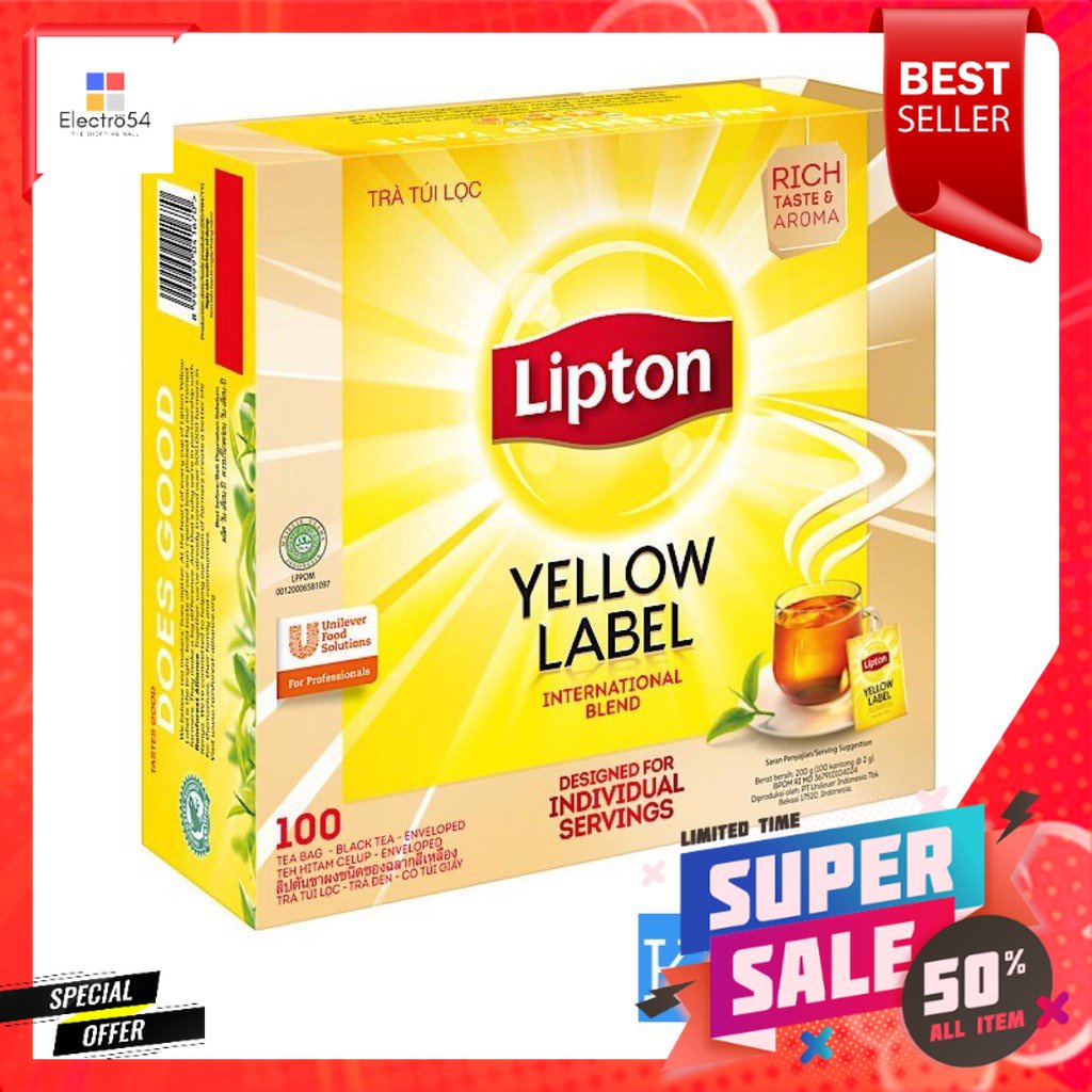ลิปตัน Lipton ชาลิปตัน ฉลากเหลือง คีโต ขนาด 2 กรัม x 100 ซองLipton