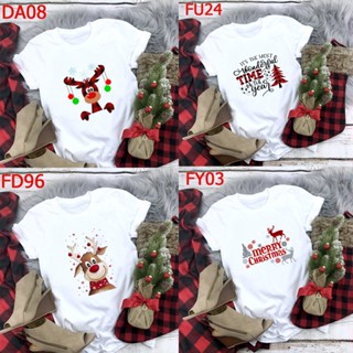 T-shirtเสื้อผ้า ลายคริสต์มาส เสื้อยืดแขนสั้น พิมพ์ลายคริสต์มาส สีขาว สไตล์ฮาราจูกุ แฟชั่นสําหรับผู้หญิง ชุดคริสต์มาสใหม่