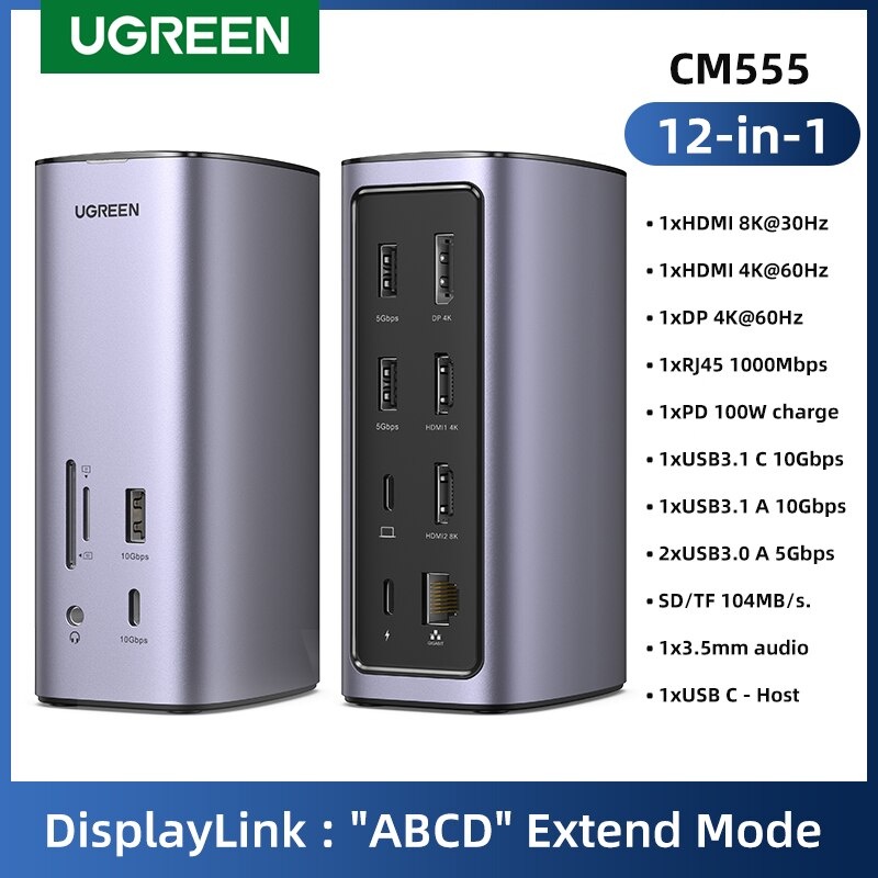 UGREEN 12-IN-1 CM555 USB C ถึง8K HDMI DisplayPort 