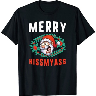 T-Shirt  เสื้อยืดผ้าฝ้ายพิมพ์ลาย Merry Kiss My Ass Santa Holiday Season and Christmas สําหรับผู้ชาย ชุดคริสต์มาสใหม่