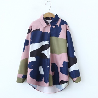 European and American style womens new flower print loose lapel long-sleeved fashion shirt