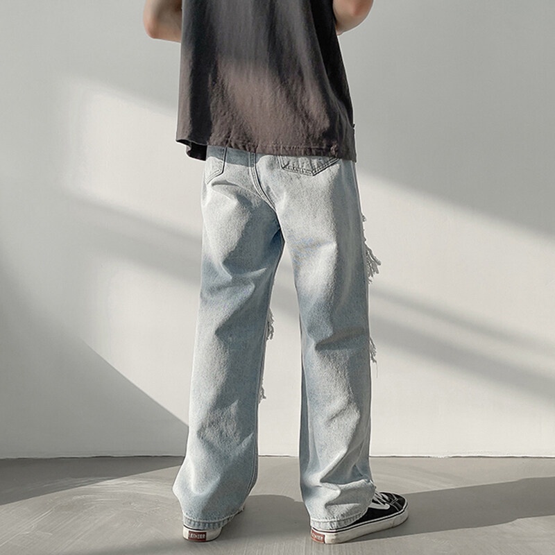ภาพสินค้าHANLU Ripped กางเกงยีนส์ผู้ชายแฟชั่นลำลองหลวมกางเกงขากว้าง Street สไตล์เกาหลี Pants จากร้าน summer271.th บน Shopee ภาพที่ 3