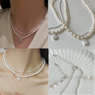 Luxury Zircon Pendant Pearl Necklace High-end Shiny Double Layer Pearl Necklace Temperament Elegant Woman Collarbone Chain