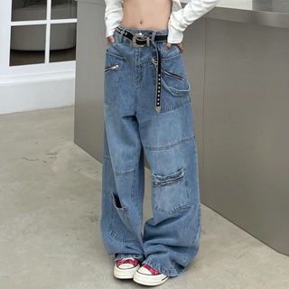 ยีนส์แฟชั่น👖2022 ใหม่กางเกงยีนส์ย้อนยุคสไตล์อเมริกันกางเกงขากว้างผู้หญิงกางเกงฮิปฮอป