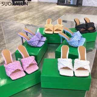 SUOJIALUN 2021 Summer Women Slipper Fashion Brand Weave Slides Ladies Elegant Thin High Heel Sandal Dress Pumps Shoes Bi