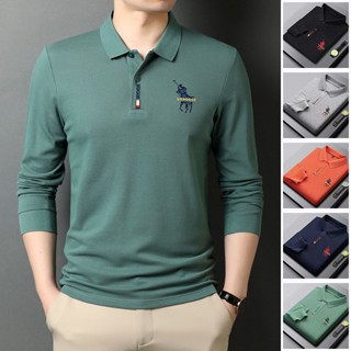 ใหม่ เสื้อโปโล แขนยาว ปักลาย โอเวอร์ไซซ์ สีพื้น สไตล์นักธุรกิจ สําหรับผู้ชาย 5 สี
