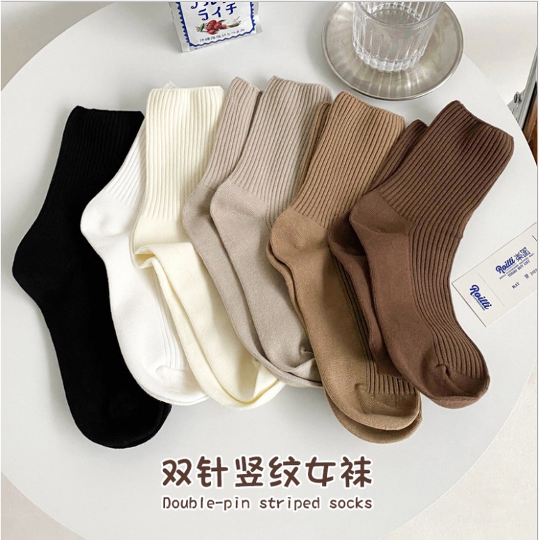 ew-ถุงเท้าข้อกลาง-ลายทาง-สีพื้น-สไตล์เกาหลี-เรียบง่าย-และอบอุ่น-สําหรับผู้หญิง-ใส่ในบ้าน-และนอกบ้าน