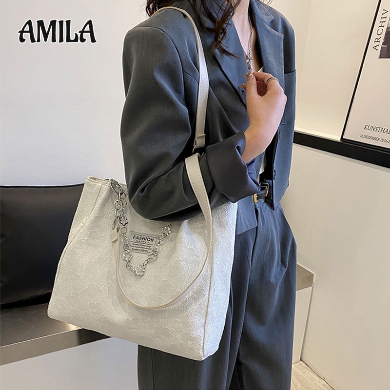 amila-กระเป๋าโท้ตโซ่สีดำและสีขาวความจุสูงแฟชั่นกระเป๋าสตรีผ้าใบพิมพ์วัสดุตกแต่ง