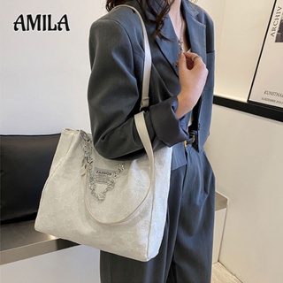 AMILA กระเป๋าโท้ตโซ่สีดำและสีขาวความจุสูงแฟชั่นกระเป๋าสตรีผ้าใบพิมพ์วัสดุตกแต่ง