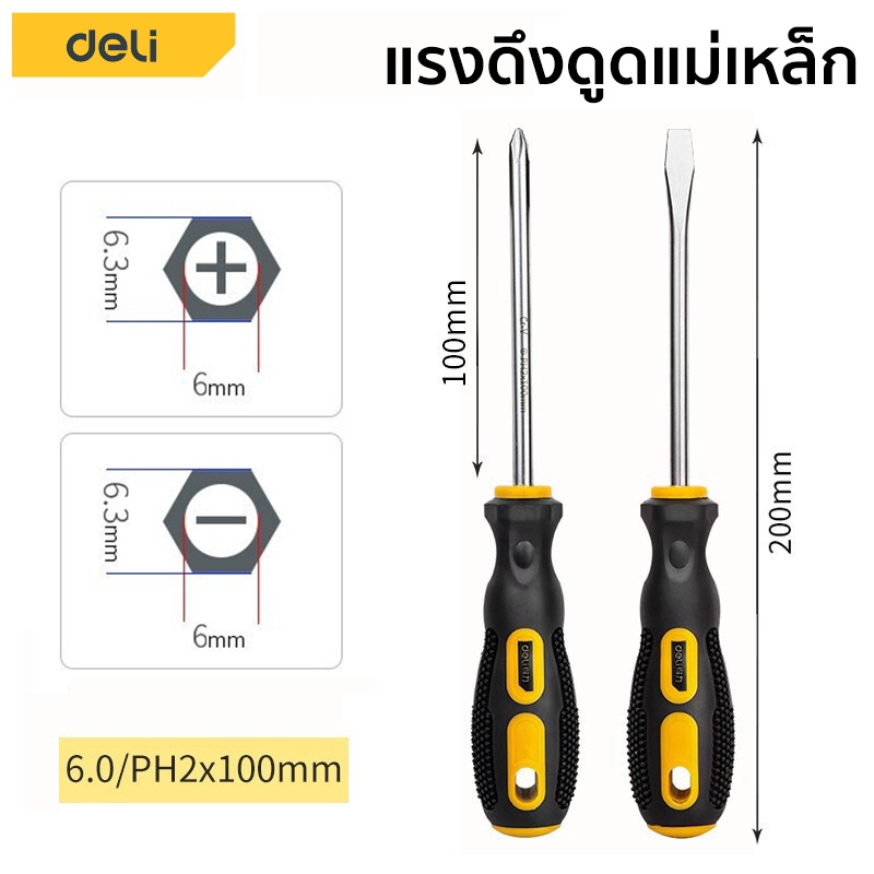 ภาพหน้าปกสินค้าDeli ไขควง ไขควงหัวแฉก หัวแบน ปากแบน เกรดเหล็กCRV อย่างดี 2pcs