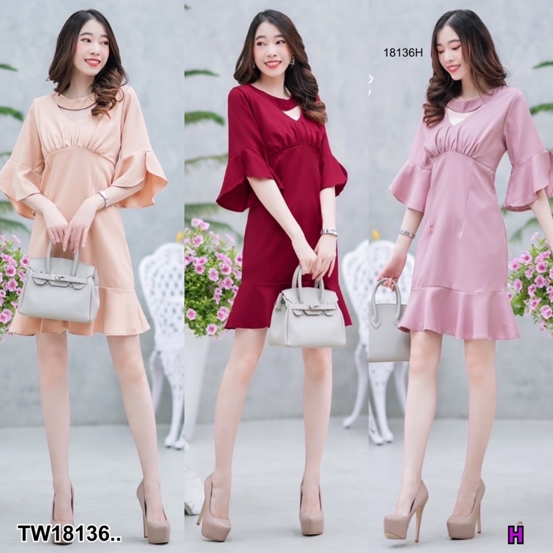 pe18136-dress-ชุดแซกแขนยาว-ผ่าแขนต่อระบาย