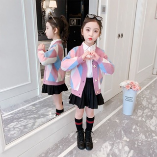 เสื้อสเวตเตอร์/คาร์ดิแกนเด็กผู้หญิง 2022 ใหม่ สไตล์เกาหลี สไตล์ต่างประเทศ สีตัดกัน เสื้อสเวตเตอร์ถักแสนสบาย
