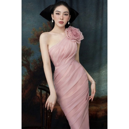 pink-dress-floral-one-shoulder-ชุดเดรส-ชุดราตรี-ชุดทำงาน-ชุดออกงาน-เดรสออกงาน