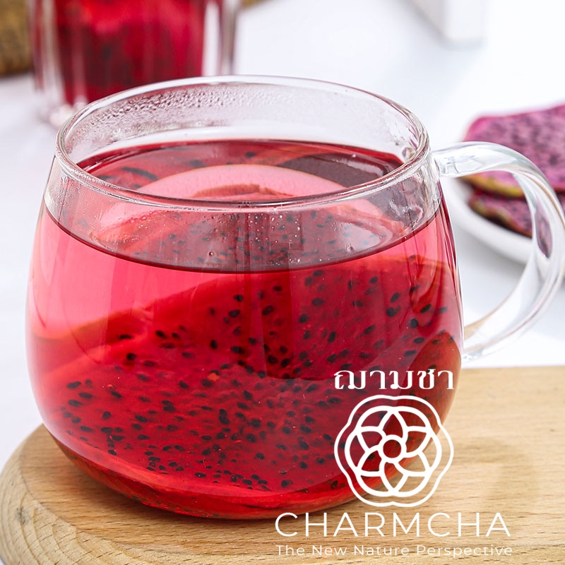 แก้วมังกร-red-dragon-fruit-ชาผลไม้-ใช้ตกแต่งเครื่องดื่มอาหารได้-ฌามชา-แก้วมังกรสไลด์-แก้วมังกรอบแห้ง-ตกแต่ง-charmcha