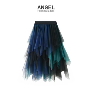 Angel แฟชั่นผู้หญิงกระโปรง midi ตาข่ายสีผิดปกติจับคู่เกาหลีเอวสูงยืดหยุ่น A-line บางแกว่งขนาดใหญ่กระโปรงตูตูกระโปรงเค้กยาวสําหรับผู้หญิง