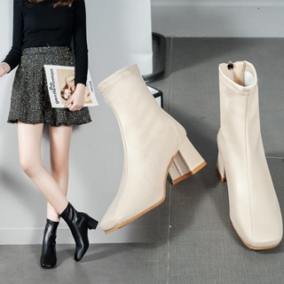 รองเท้าบูทส้นสูง หนัง PU แบบมีซิป แฟชั่นสำหรับผู้หญิง ส้นสูง2นิ้ว รองเท้าบูทมาร์ติน สไตล์อังกฤษ ไซซ์36-40