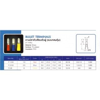 หัวเสียบตัวผู้ รุ่นกลมหุ้ม (BULLET TERMINALS)"T-LUG"  (แพ็ค100ชิ้นคะ่)    (สามารถออกใบกำกับภาษีได้ค่ะ)