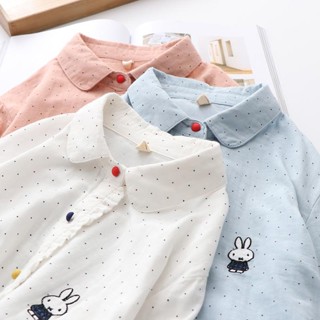 C26❡2021 ฤดูใบไม้ผลิและฤดูใบไม้ร่วงใหม่ Art Rabbit เย็บปักถักร้อย Polka Dot เสื้อผู้หญิงแขนยาวผ้าฝ้ายแท้สบายๆลูกไม้เส้นด