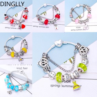 Dinglly สร้อยข้อมือ ลูกปัดคริสตัล สีแดง หัวใจ เสน่ห์ สําหรับผู้หญิง ผู้ชาย DIY ปราสาท ลูกปัด สีเงิน สร้อยข้อมือเด็ก