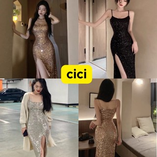 Cici(NO.3056)ชุดเดรส สายเดี่ยว แต่งเพรชวิ้งวับ แหวกข้าง มีซับใน สวย แพงใส่ออกงานปังมาก