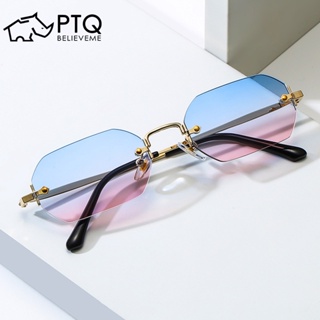 แว่นตากันแดด กรอบโลหะ ทรงหลายเหลี่ยม ขนาดเล็ก สไตล์เรโทร แฟชั่นสําหรับผู้หญิง PTQ