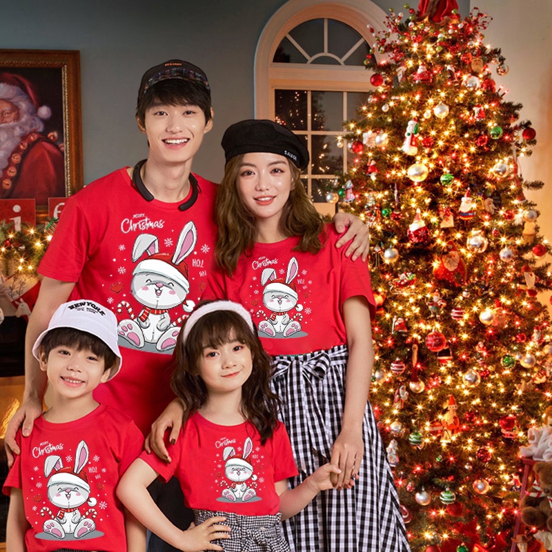 เสื้อแฟชั่นรับซัมเมอร์-พิมพ์ลายการ์ตูนกระต่าย-สุขสันต์วันคริสต์มาส-สำหรับครอบครัว-พ่อ-แม่-พี่-น้อง