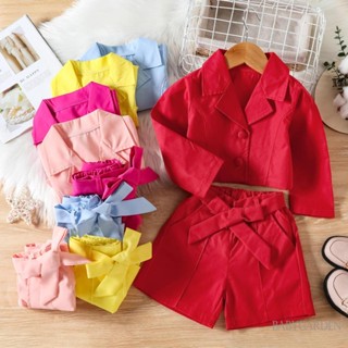 Babygarden- เสื้อแจ็กเก็ต คอปก แขนยาว กระดุม และกางเกงขาสั้น และเข็มขัด สําหรับเด็กผู้หญิง อายุ 2-7 ปี