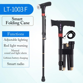 Travel Adjustable Folding Cane For Men Women With Alarm Led Light Radio And Cushionable Handle Suitable For Disabled A00