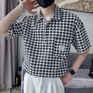 เสื้อเชิ้ตผู้ชายฤดูร้อนเสื้อแขนสั้นลาย Houndstooth เสื้อลำลองผู้ชายหล่อ2022เสื้อเชิ้ตแขนสั้น