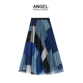 [3 สี] ANGEL กระโปรงยาว เอวสูง ผ้าตาข่าย พิมพ์ลายตาราง สไตล์เกาหลี สีม่วง ขนาดใหญ่ สําหรับผู้หญิง