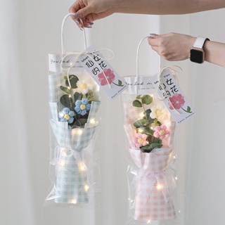 Hand Woven Artificial Flowers Gift Bag with LED Light String Creative Crochet Flower Bouquet Valentines Day Gift