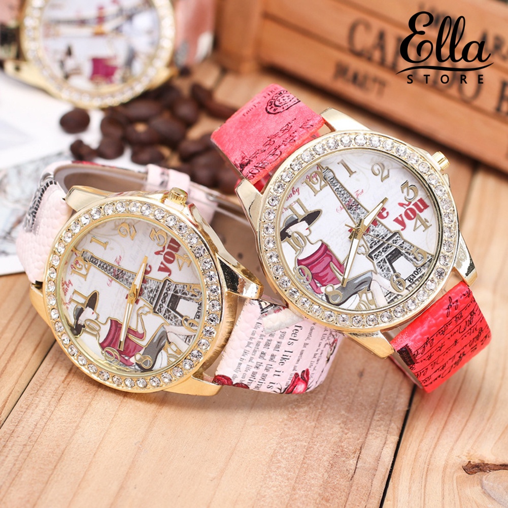 ellastore123-นาฬิกาข้อมือควอตซ์-อะนาล็อก-หน้าปัดทรงกลม-ฝังพลอยเทียม-ตัวเลขอาหรับ-สําหรับผู้หญิง