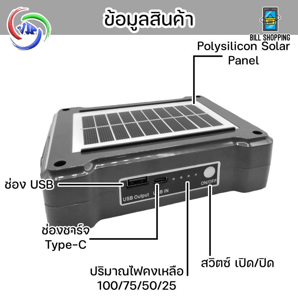 vjp-121-ไฟฉุกเฉิน-5in1-ไฟ-solar-cell-ความสว่าง-280w-เป็น-powerbank-ยามฉุกเฉินได้-ไฟพกพา-ความสว่างสูง-ไฟตั้งแคมป์