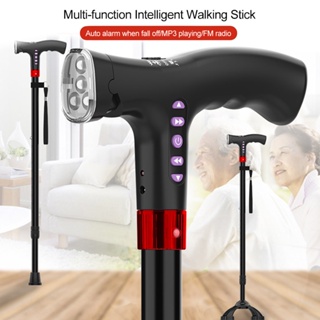 Elderly Adjustable L-ED Walking Cane FM Radio MP3 Smart Safety Fall Alarm Walking Stick Trusty Sticks for the Elder Fath