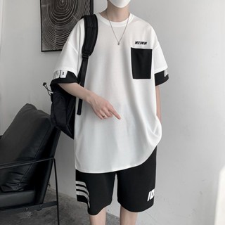 ชุดฤดูร้อนชายรุ่นใหม่สไตล์เกาหลีอินเทรนด์แขนสั้นTเสื้อเชิ้ตวัยรุ่นกางเกงกีฬาห้าส่วนชุดสองชิ้นสุดหล่อ