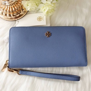 🎀 (สด-ผ่อน) กระเป๋าสตางค์ซิปรอบ สายคล้อง สีฟ้า 74179 TORY BURCH Saffiano Plain Long Wallets