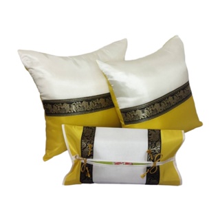 (เฉพาะปลอก) ชุดปลอกกล่องทิชชู 1 ชิ้นและปลอกหมอน 2 ชิ้น สไตล์ลายคาดช้างไทย สีเหลือง (Thai Pillow Cover)