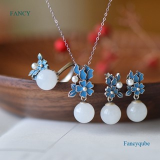 Fancyqube สร้อยคอ ต่างหู แหวน จี้หยก ดอกไม้ สีขาว ธรรมชาติ สไตล์จีน เครื่องประดับ สําหรับผู้หญิง